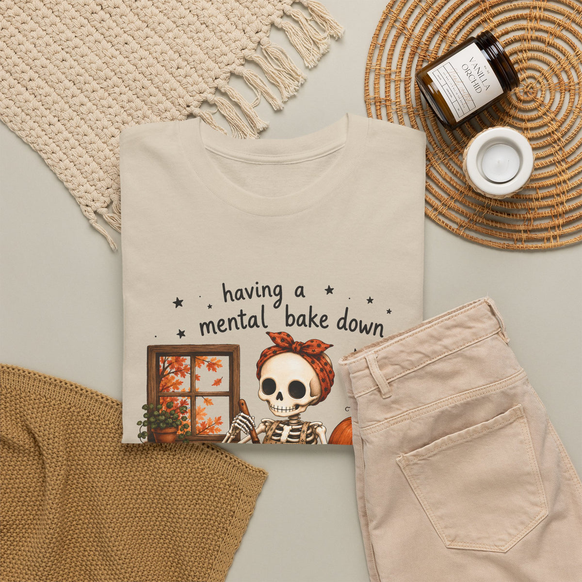 Halloween Skeleton Baking T-Shirt — "having a mental bake down" Cozy Pumpkin Cookie Tee