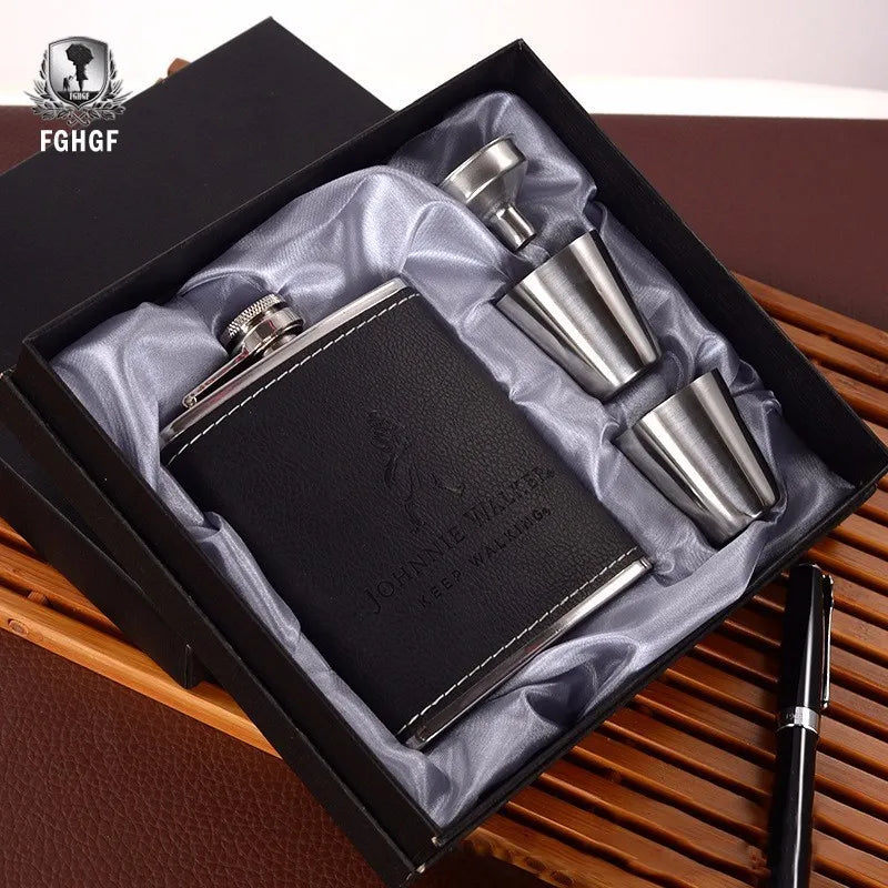 4PCS/set 7 Oz Stainless Steel Leather Wine Hip Flask Whiskey Bottle Alcohol Cup Kettle Cups Funnel Mug For Travel Outdoor Gift