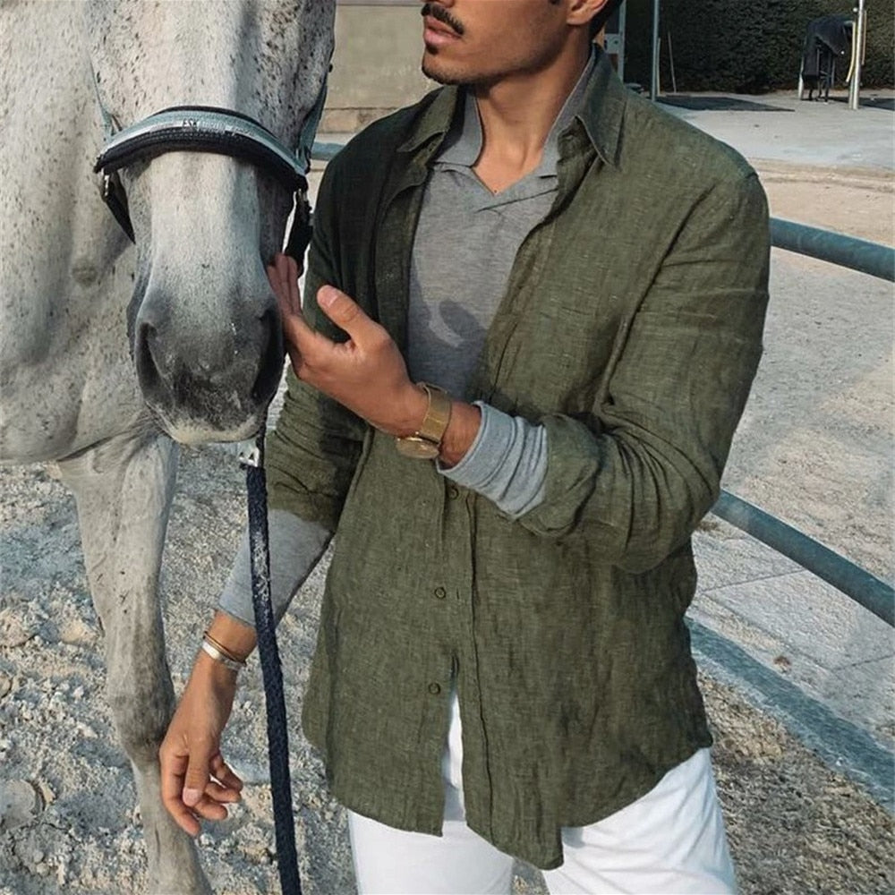 2023 Men Casual Cotton Linen ShirtsStanding Collar Male Solid Color Long Sleeves Loose Tops Spring Autumn Handsome Men's Shirts