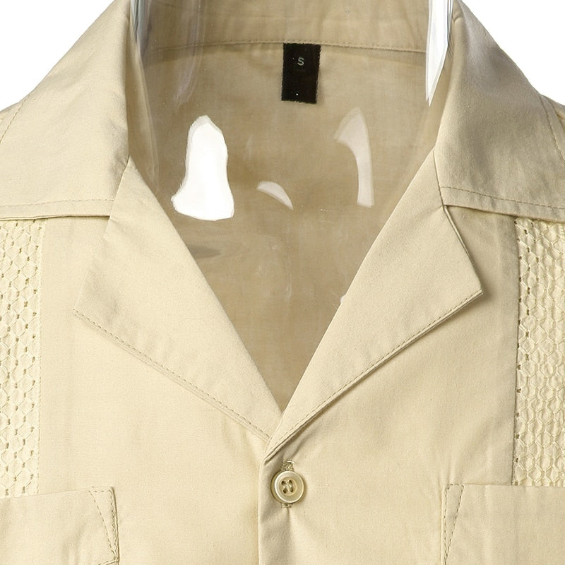Men's Short Sleeve Cuban Guayabera Shirt Button Up Cotton Linen Lapel Collar Shirts Mexican Caribbean Style Beach Wedding Shirt