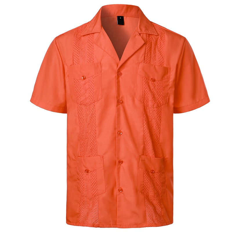 Men's Short Sleeve Cuban Guayabera Shirt Button Up Cotton Linen Lapel Collar Shirts Mexican Caribbean Style Beach Wedding Shirt