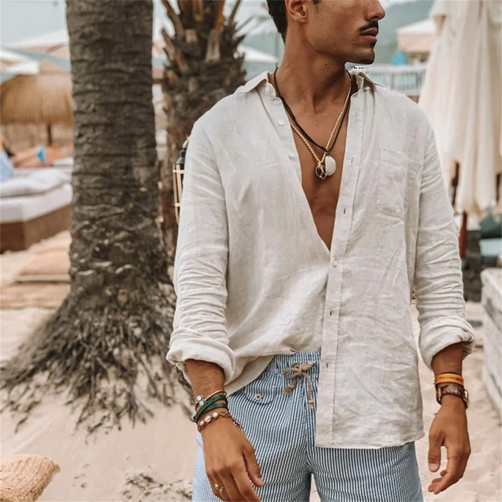 2023 Men Casual Cotton Linen ShirtsStanding Collar Male Solid Color Long Sleeves Loose Tops Spring Autumn Handsome Men's Shirts