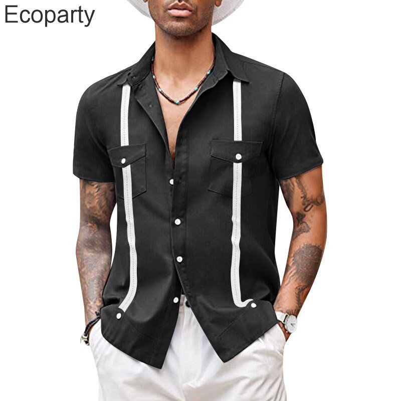 Men's Fashion Cuban Camp Collar Guayabera Shirt Summer Short Sleeve Patchwork Mexican Caribbean Style Beach Shirt Chemise Homme