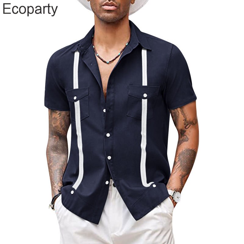 Men's Fashion Cuban Camp Collar Guayabera Shirt Summer Short Sleeve Patchwork Mexican Caribbean Style Beach Shirt Chemise Homme