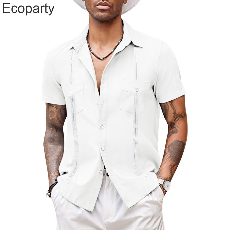 Men's Fashion Cuban Camp Collar Guayabera Shirt Summer Short Sleeve Patchwork Mexican Caribbean Style Beach Shirt Chemise Homme