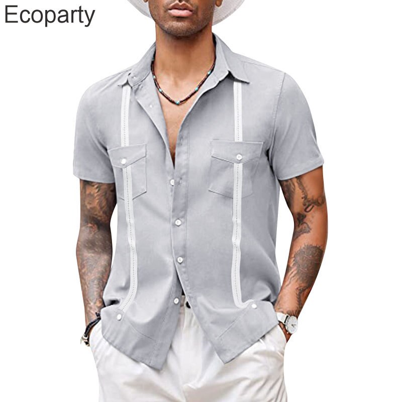 Men's Fashion Cuban Camp Collar Guayabera Shirt Summer Short Sleeve Patchwork Mexican Caribbean Style Beach Shirt Chemise Homme