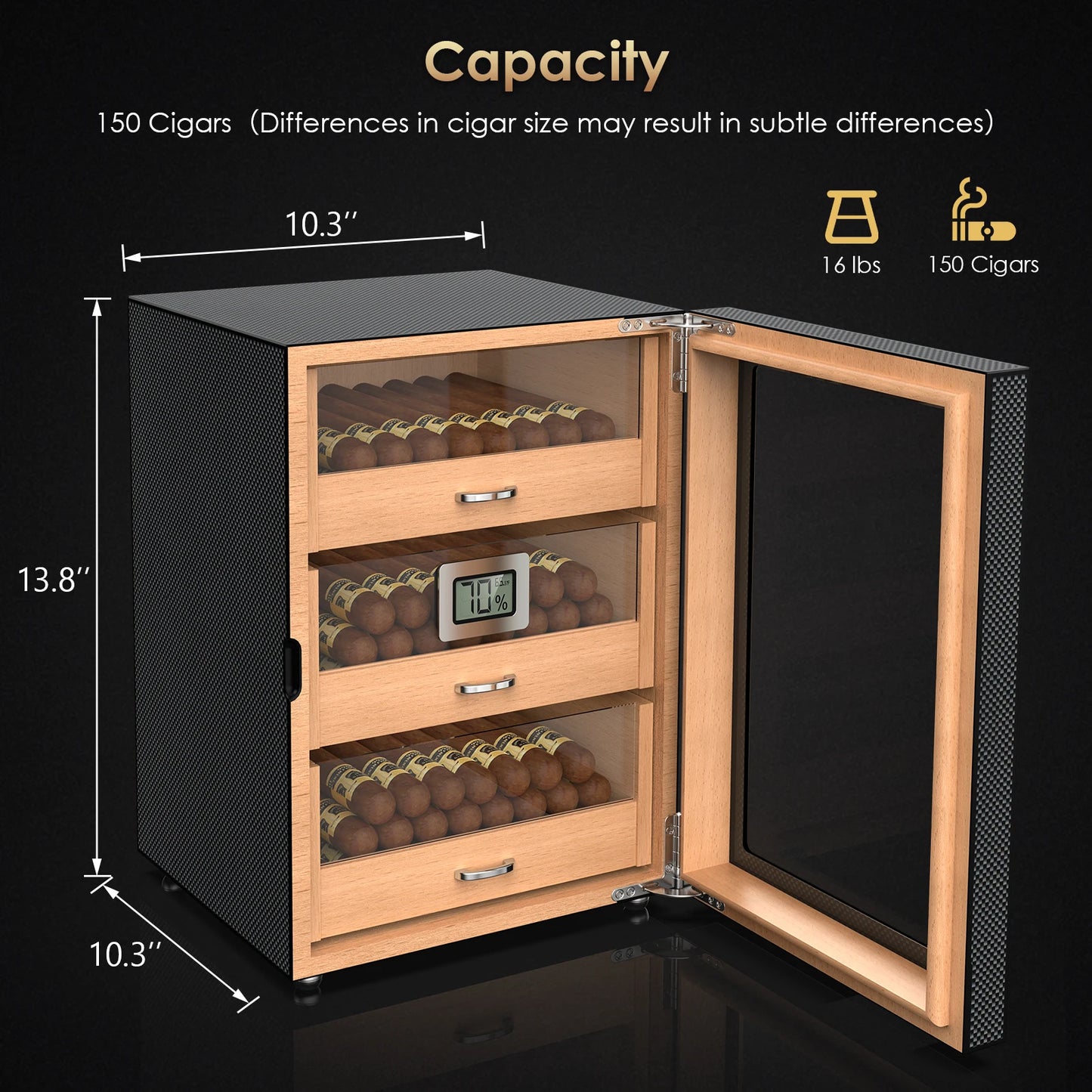 Cigar Humidor, Storage 100-150 Counts Cigar Humidor Cabinet 3 Layer, Desktop Humidors Cigars Large Wooden Carbon Fiber Humidor