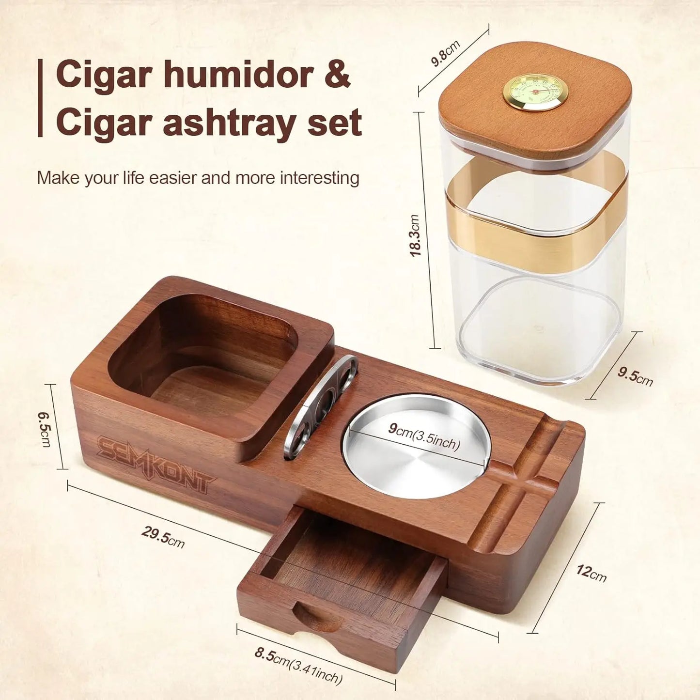 Cigar Humidor Cigar Ashtray Set Wooden Cigar Accessories Cigar Cutter Cigar Jar With Hygrometer Humidifier Cigar Gifts for Men or Woman