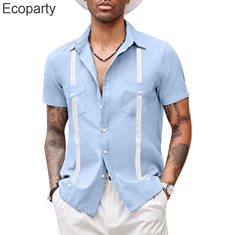 Men's Fashion Cuban Camp Collar Guayabera Shirt Summer Short Sleeve Patchwork Mexican Caribbean Style Beach Shirt Chemise Homme