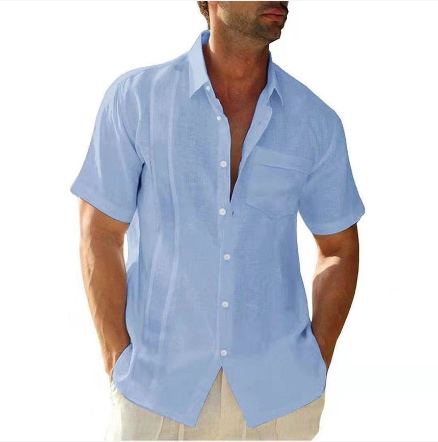 Men's Summer Short Sleeve Cotton Guayabera Dress Shirt Cuban Shorts Spread Collar Button Down Beach Tops Mens Clothes