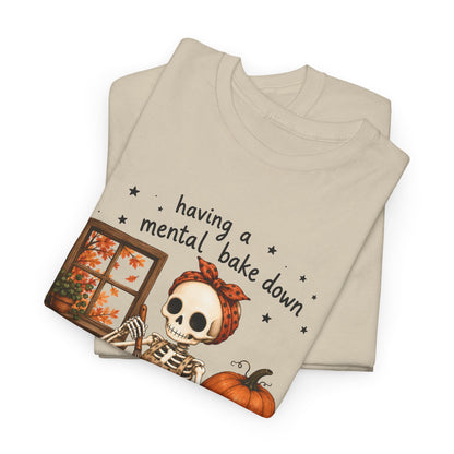 Halloween Skeleton Baking T-Shirt — "having a mental bake down" Cozy Pumpkin Cookie Tee