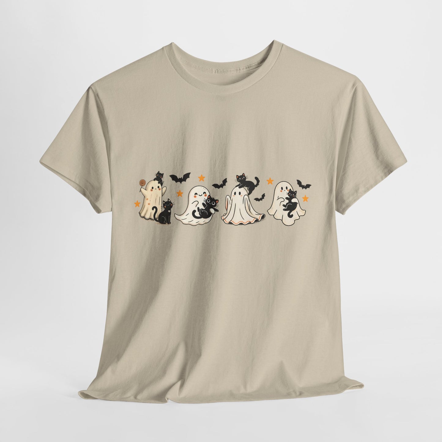 Ghost Cat Halloween Ghosts Unisex Heavy Cotton Tee, Spooky Costume Shirt, Trick or Treat Shirt, Halloween Party Top, Fall Apparel