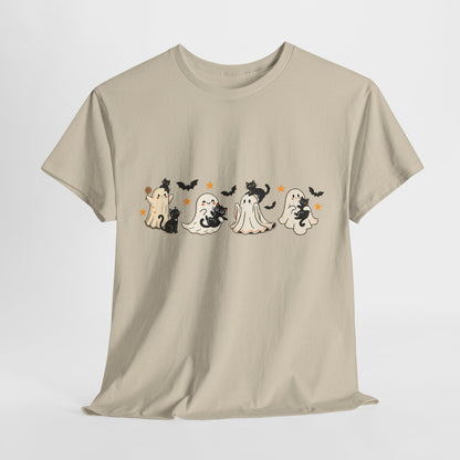 Ghost Cat Halloween Ghosts Unisex Heavy Cotton Tee, Spooky Costume Shirt, Trick or Treat Shirt, Halloween Party Top, Fall Apparel