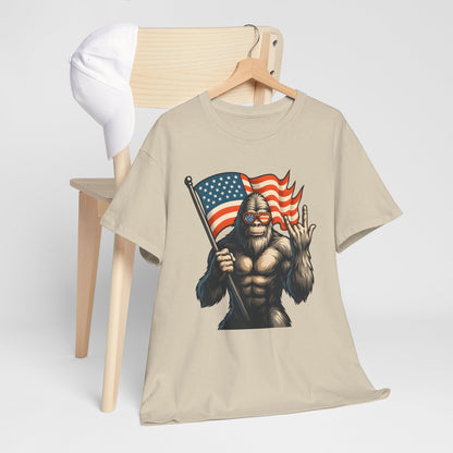 Bigfoot America Unisex Heavy Cotton Tee, Funny Graphic Tee, Sasquatch Apparel, 4th of July Shirt, Outdoor Adventure T-Shirt