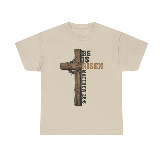 He Is Risen Cross T‑Shirt — Matthew 28:6 Easter Christian Tee