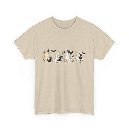 Ghost Cat Halloween Ghosts Unisex Heavy Cotton Tee, Spooky Costume Shirt, Trick or Treat Shirt, Halloween Party Top, Fall Apparel