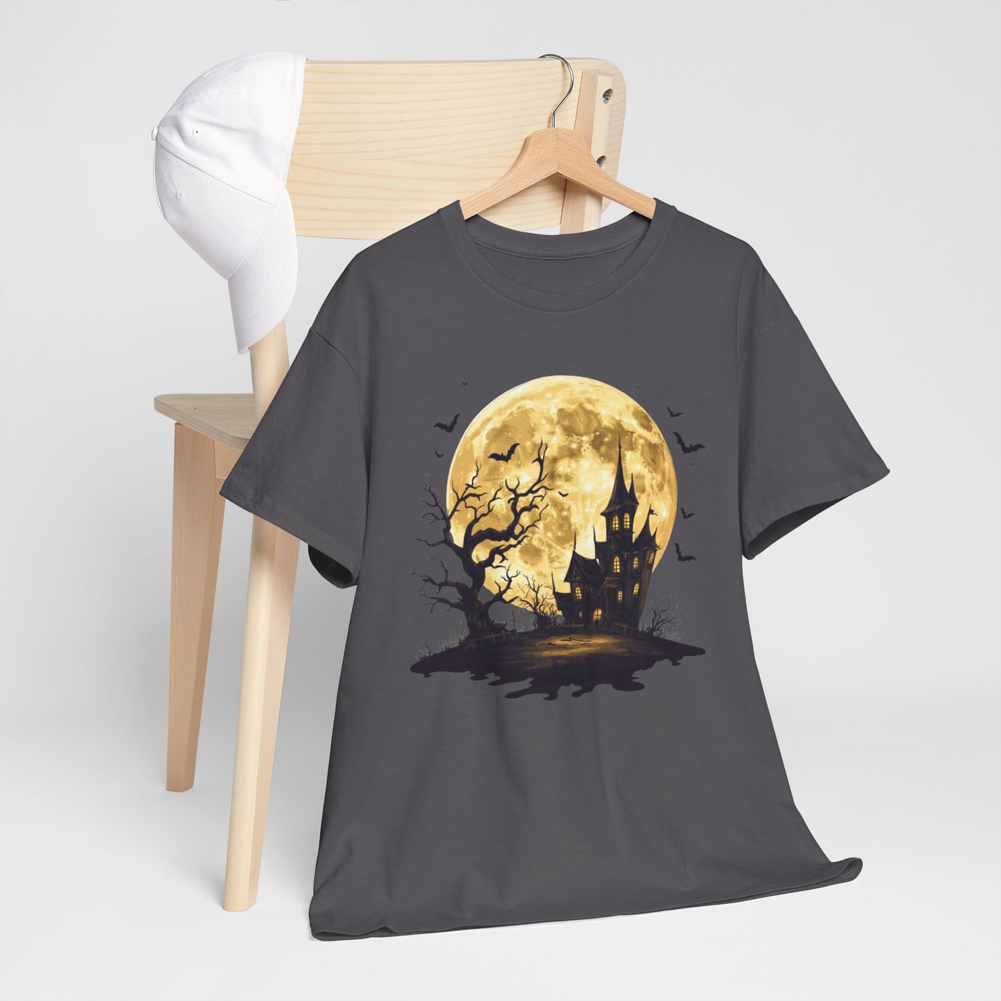 Spooky Moon House Halloween Tee, Unisex Heavy Cotton T-Shirt, Perfect for Halloween Parties, Autumn Celebrations, Unique Graphic Design, Casual Wear