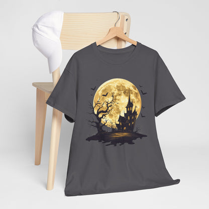 Spooky Moon House Halloween Tee, Unisex Heavy Cotton T-Shirt, Perfect for Halloween Parties, Autumn Celebrations, Unique Graphic Design, Casual Wear