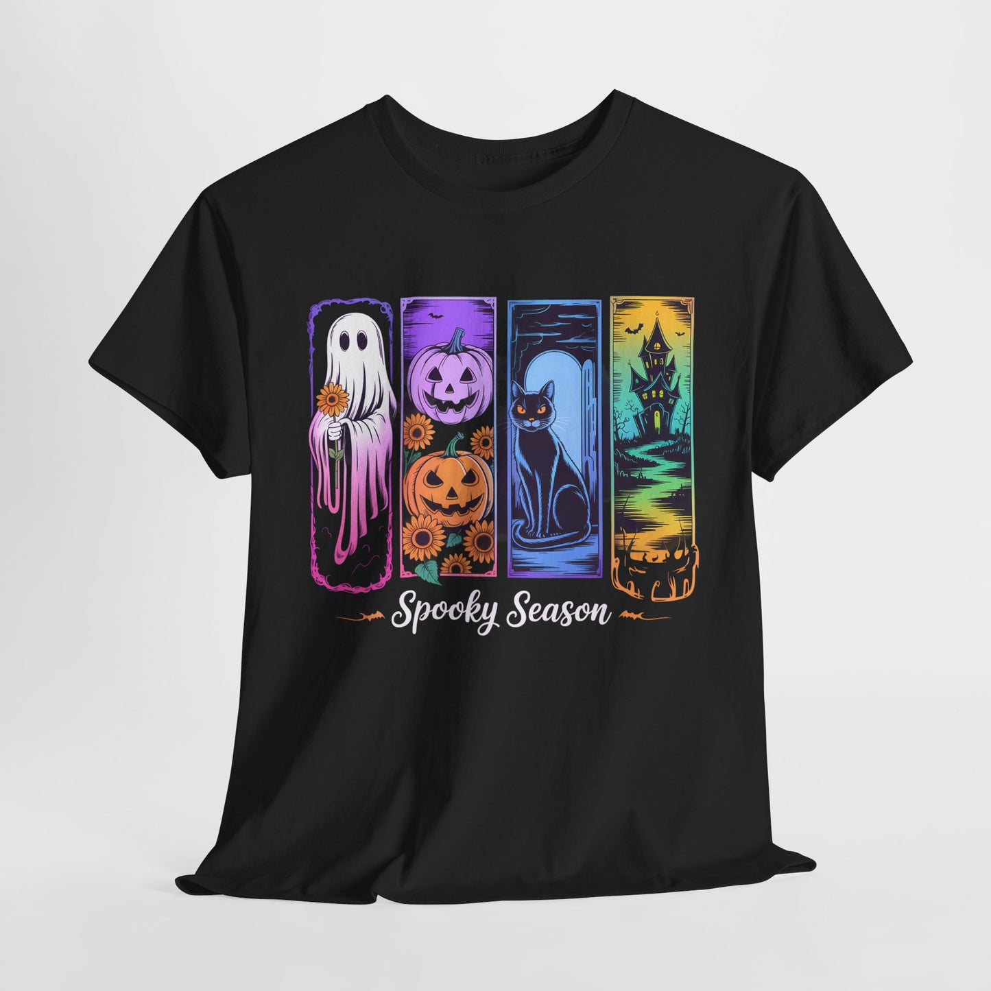 Spooky Season Unisex Heavy Cotton Tee, Halloween T-Shirt, Ghost and Pumpkin Shirt, Fall Apparel, Casual Wear, Party Outfit