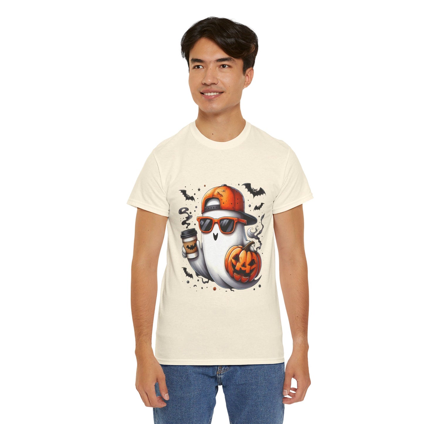 On The Go Coffee Ghost Cap and Sun Glasses Unisex Heavy Cotton Tee