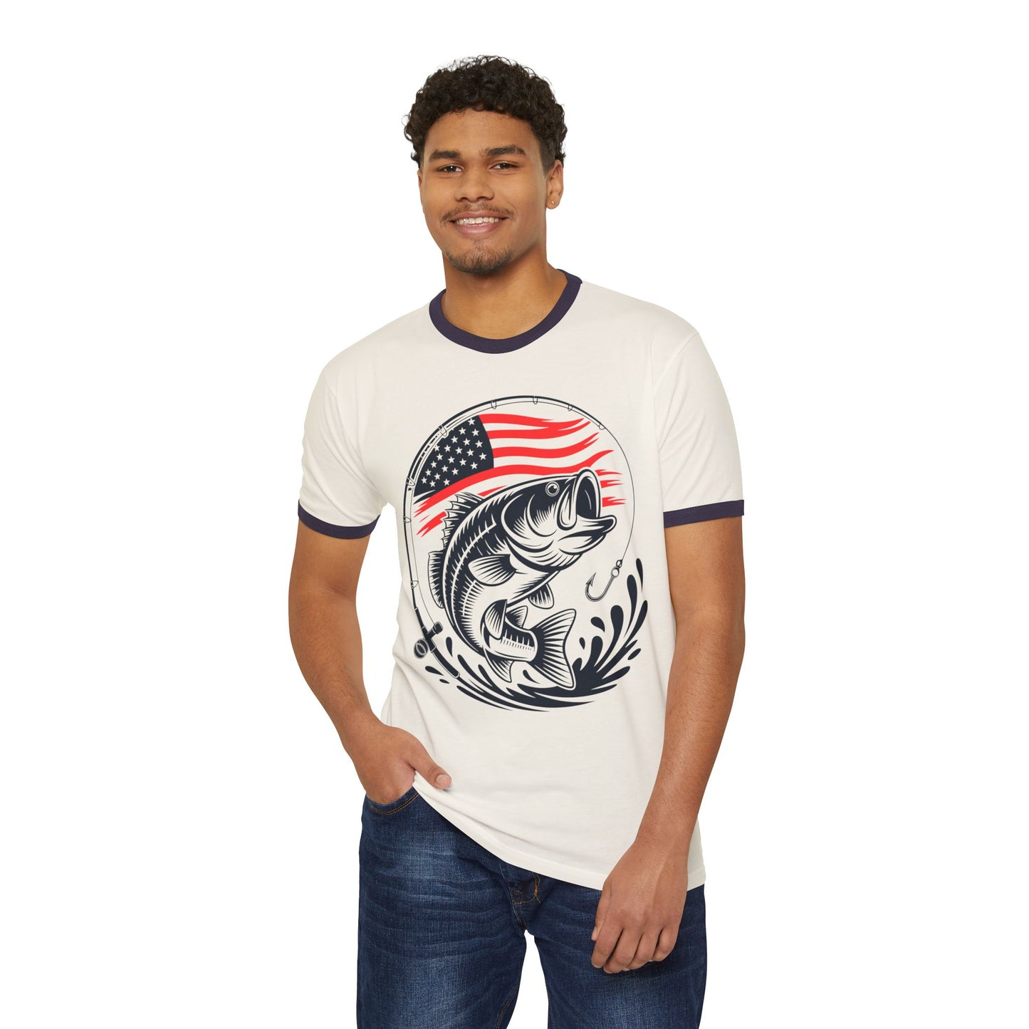 Bass Fishing T-Shirt with American Flag — Patriotic Angler Ringer Tee