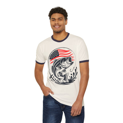 Bass Fishing T-Shirt with American Flag — Patriotic Angler Ringer Tee