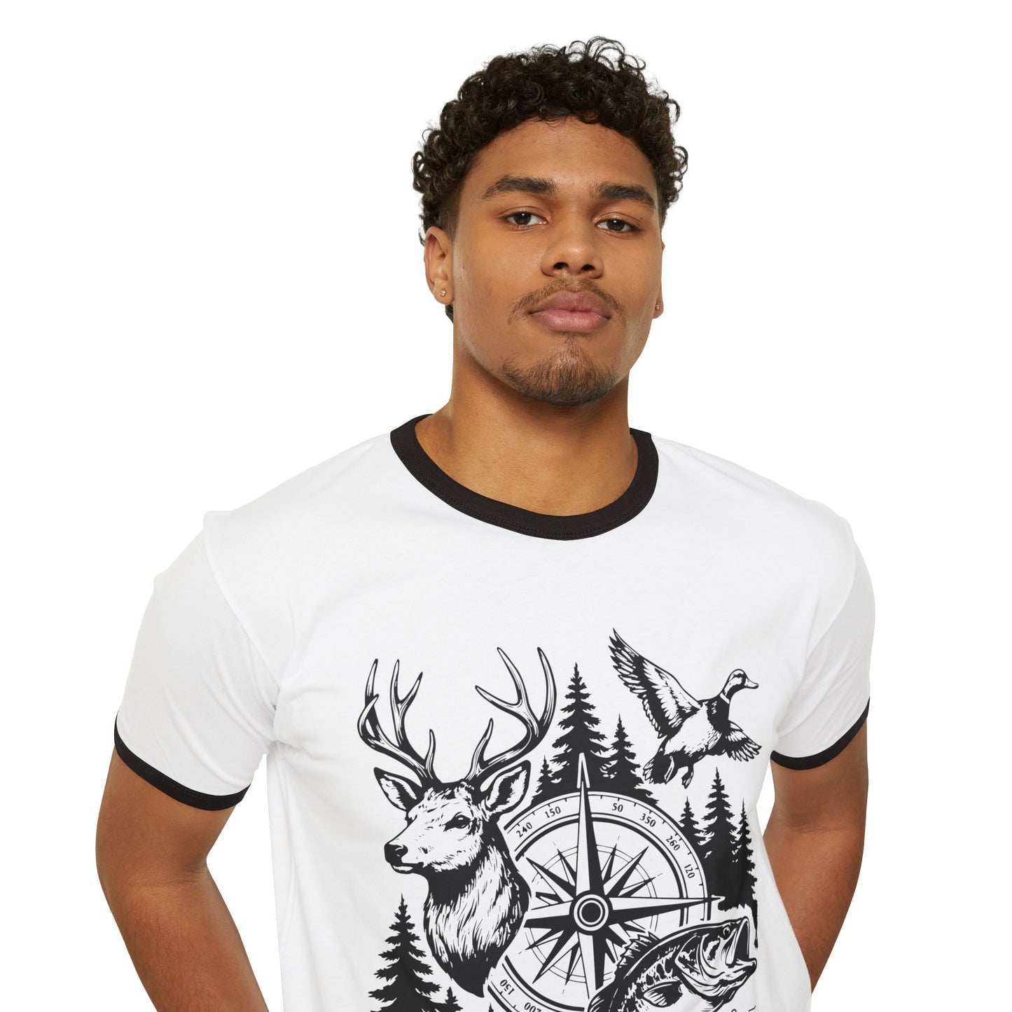Outdoor Wildlife Compass Ringer T-Shirt — Deer, Fish & Duck Graphic