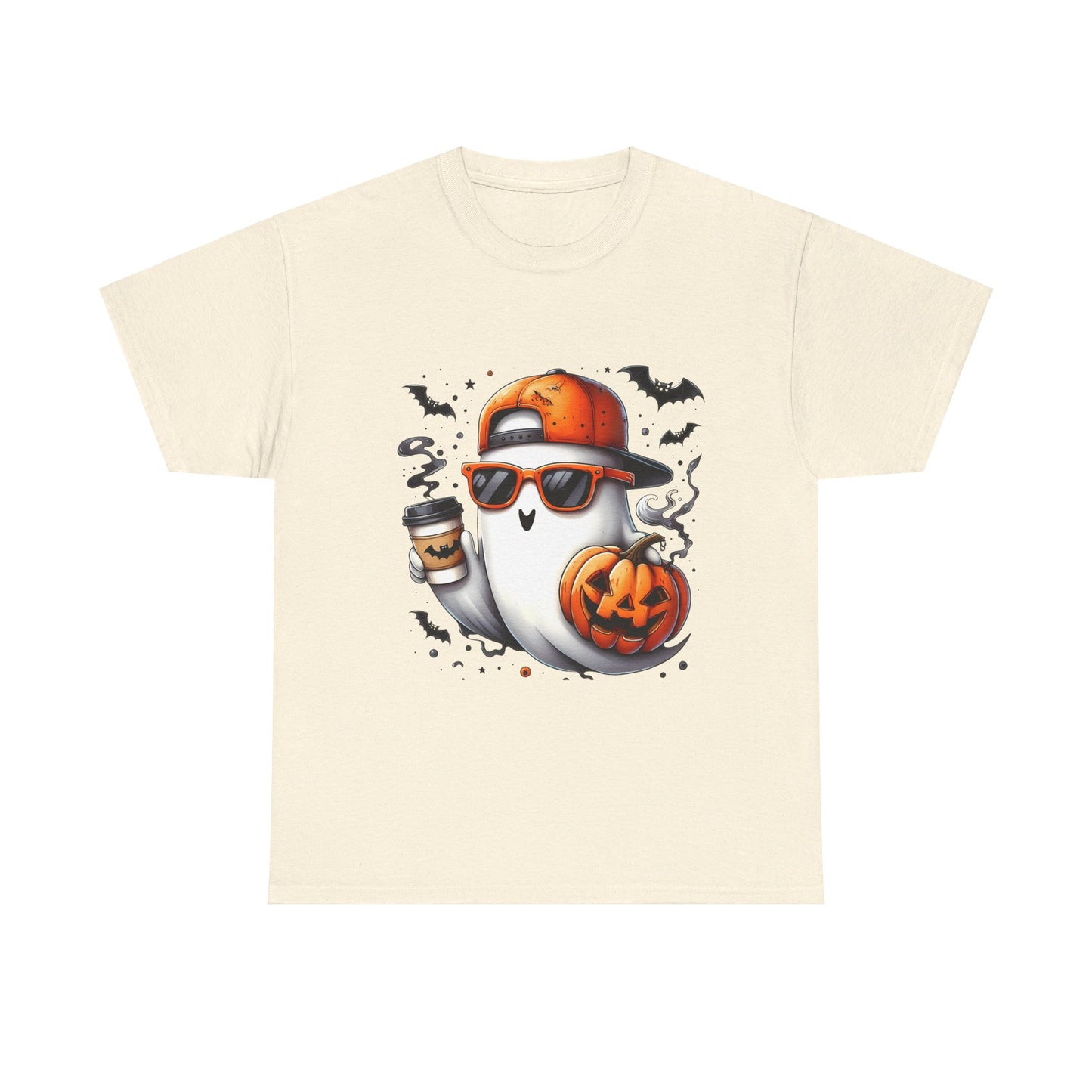 On The Go Coffee Ghost Cap and Sun Glasses Unisex Heavy Cotton Tee