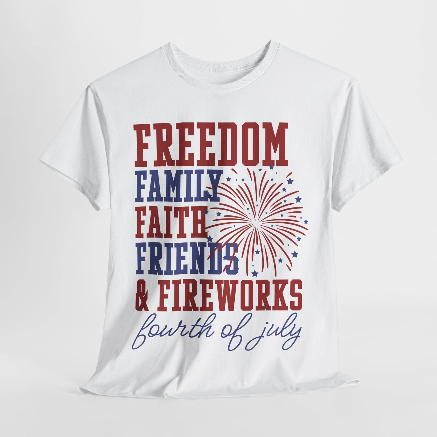 Freedom Family Faith 4th of July Freedom Tee, Family & Friends Shirt, Fireworks Celebration Top, Unisex Cotton T-Shirt, Patriotic Holiday Wear