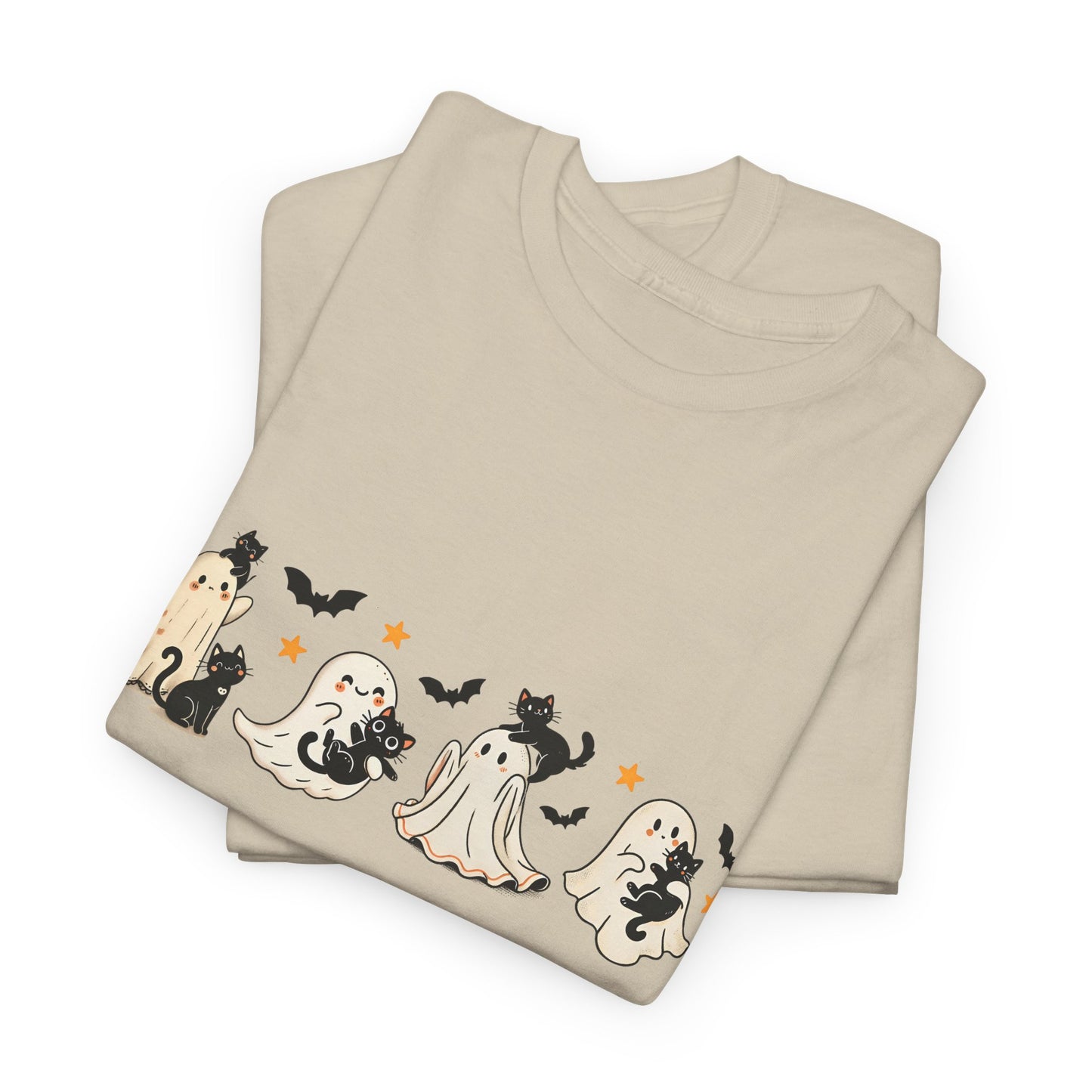 Ghost Cat Halloween Ghosts Unisex Heavy Cotton Tee, Spooky Costume Shirt, Trick or Treat Shirt, Halloween Party Top, Fall Apparel