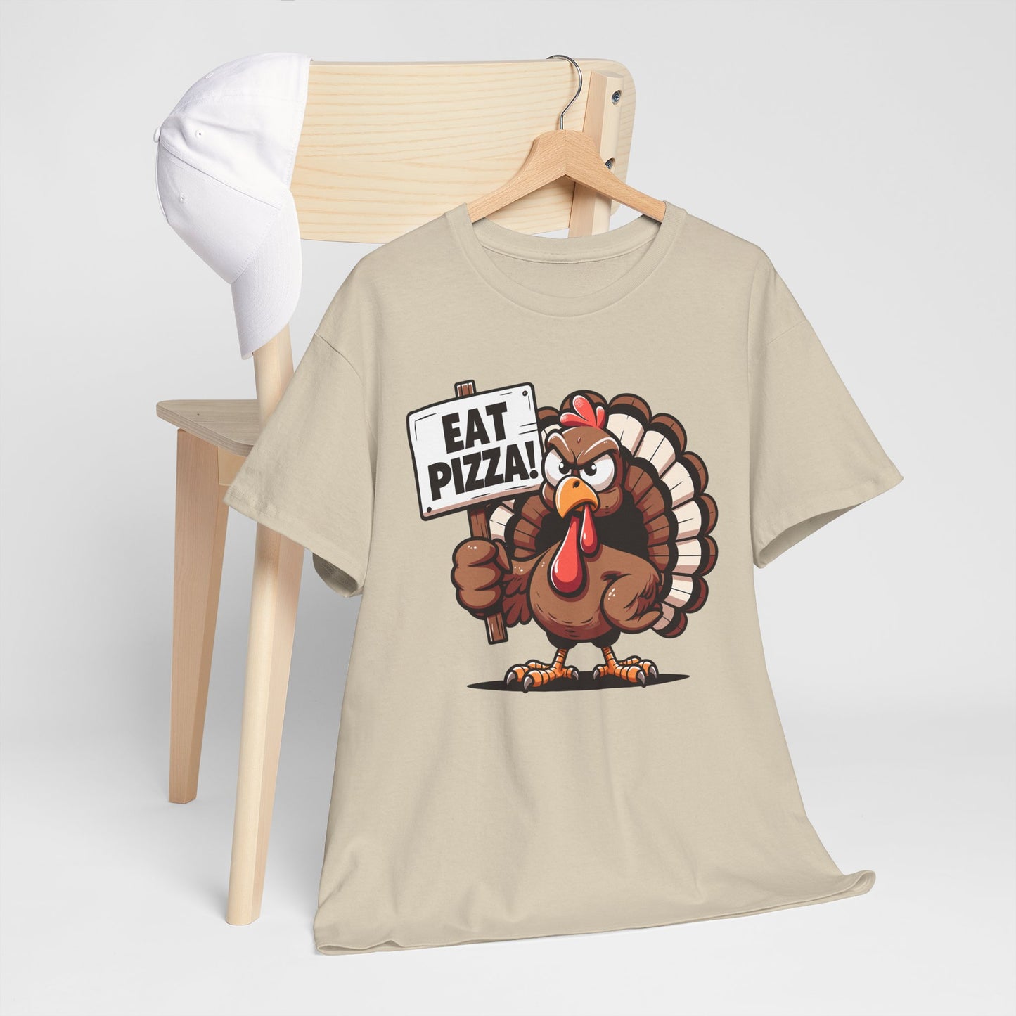 Turkey Holding 'Eat Pizza!' Sign T-Shirt - Funny Thanksgiving Anti-Turkey Tee