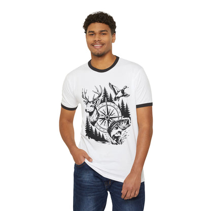 Outdoor Wildlife Compass Ringer T-Shirt — Deer, Fish & Duck Graphic