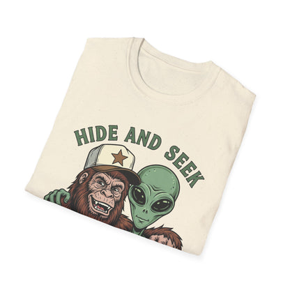 Hide and Seek Champions T-Shirt — Alien & Bigfoot Retro Graphic