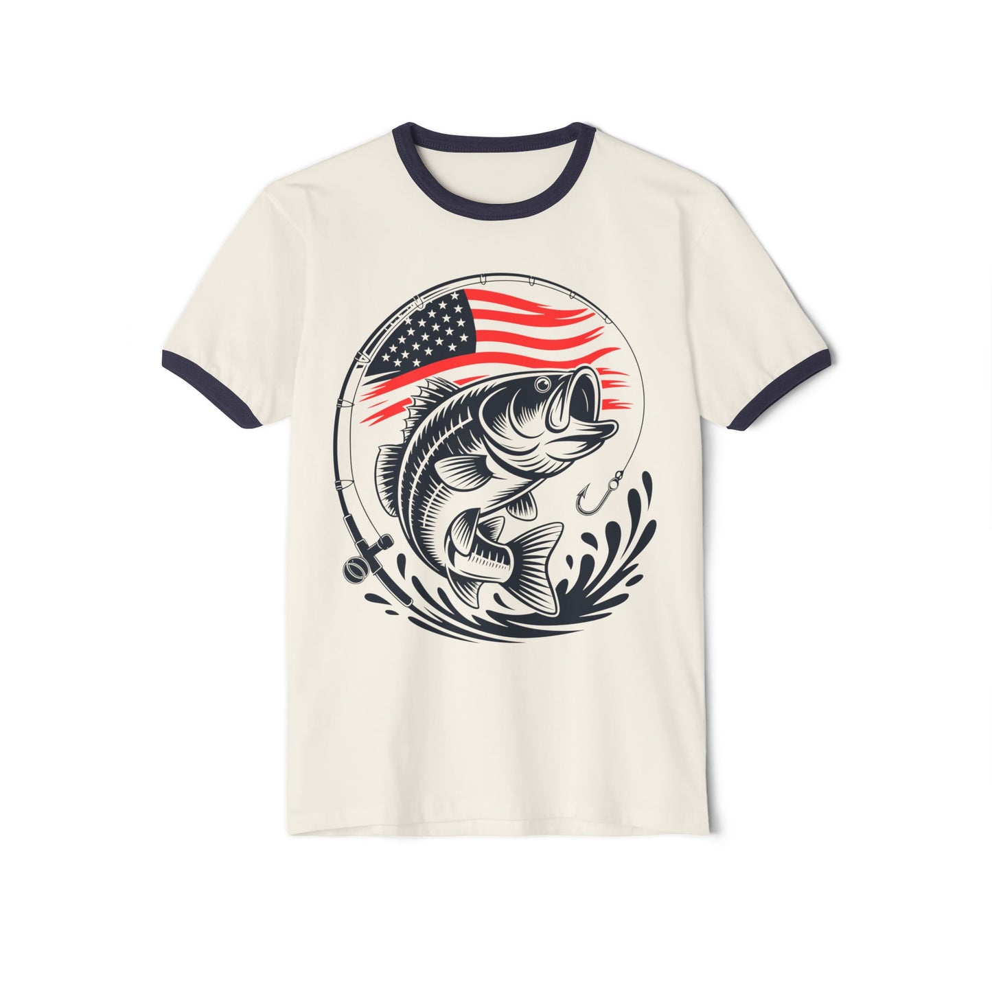 Bass Fishing T-Shirt with American Flag — Patriotic Angler Ringer Tee