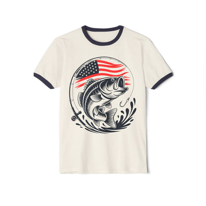 Bass Fishing T-Shirt with American Flag — Patriotic Angler Ringer Tee