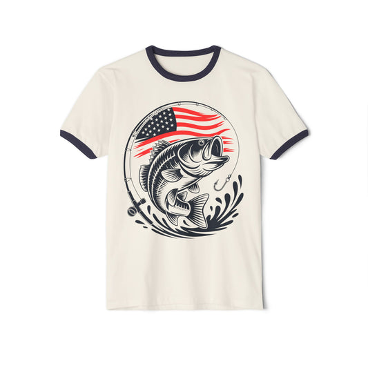 Bass Fishing T-Shirt with American Flag — Patriotic Angler Ringer Tee