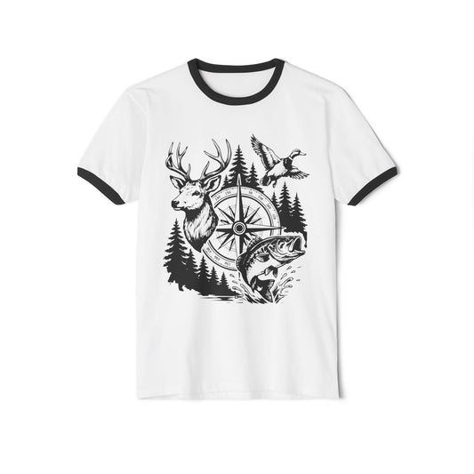 Outdoor Wildlife Compass Ringer T-Shirt — Deer, Fish & Duck Graphic