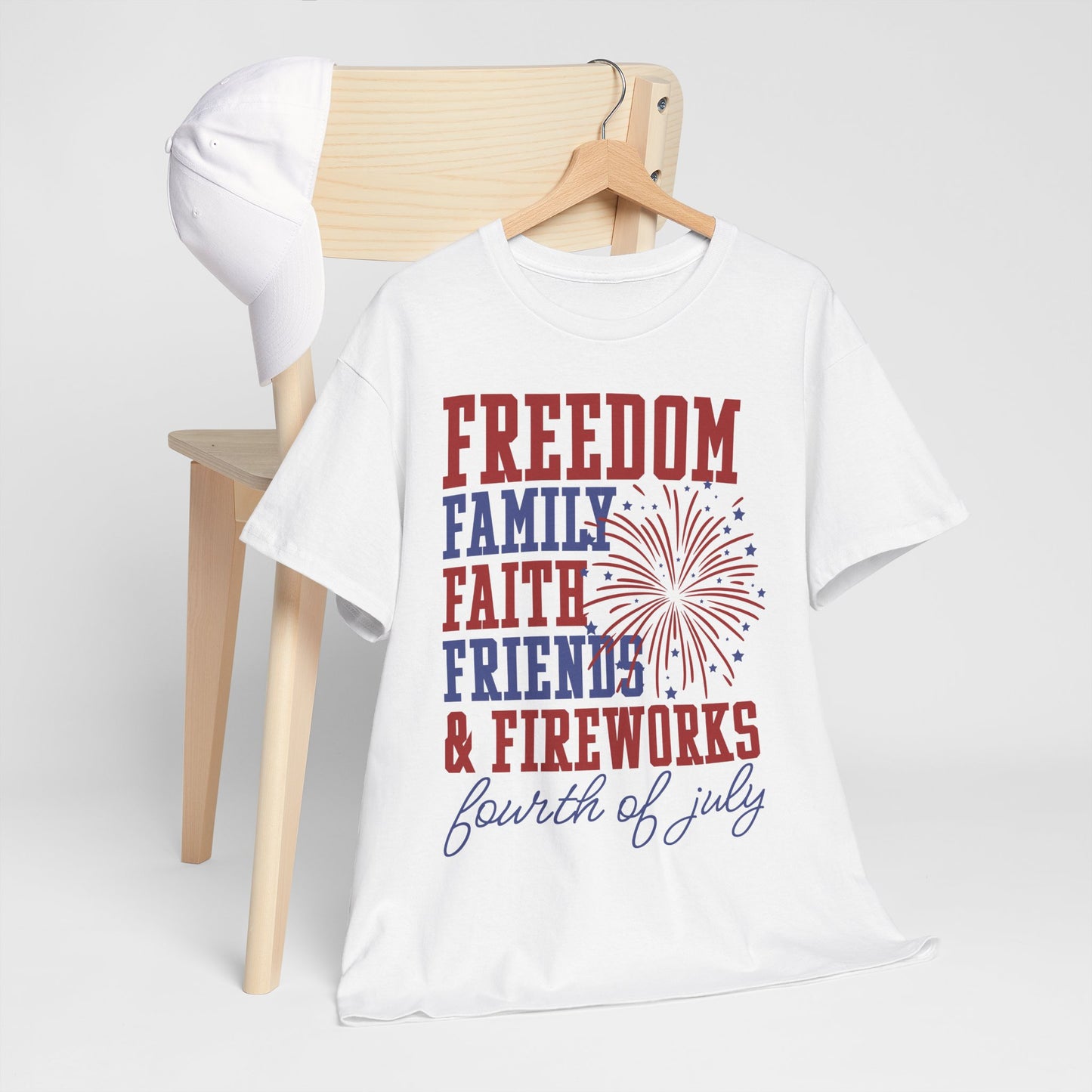 Freedom Family Faith 4th of July Freedom Tee, Family & Friends Shirt, Fireworks Celebration Top, Unisex Cotton T-Shirt, Patriotic Holiday Wear