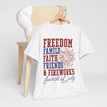 Freedom Family Faith 4th of July Freedom Tee, Family & Friends Shirt, Fireworks Celebration Top, Unisex Cotton T-Shirt, Patriotic Holiday Wear