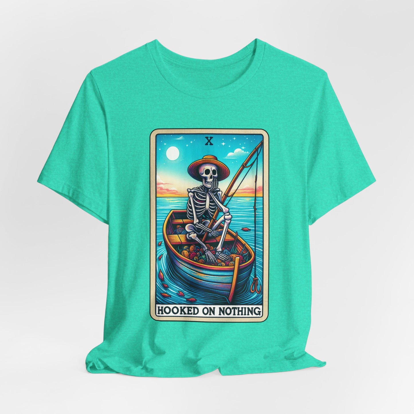 Hooked On Nothing Skeleton Fisherman Tee - Hooked on Nothing, Funny T-Shirt, Halloween Costume, Fishing Humor, Gift for Him/Her, Unique Graphic Tee
