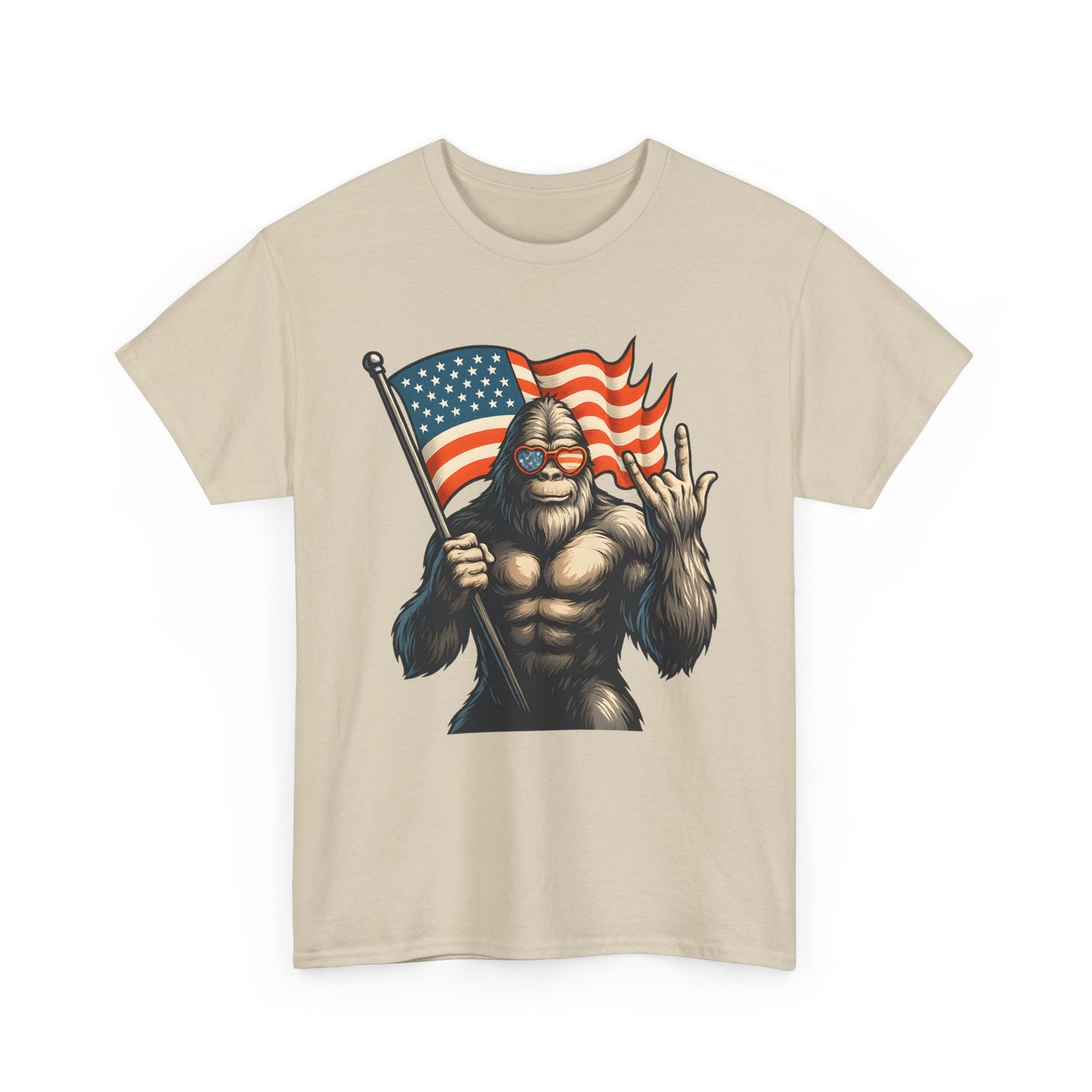 Bigfoot America Unisex Heavy Cotton Tee, Funny Graphic Tee, Sasquatch Apparel, 4th of July Shirt, Outdoor Adventure T-Shirt
