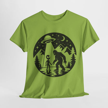 UFO & Bigfoot Adventure Tee - Unisex Cotton Shirt for Campers, Gift for UFO & Cryptid Lovers, Outdoorsy Apparel, Fun Alien Graphic T-Shirt