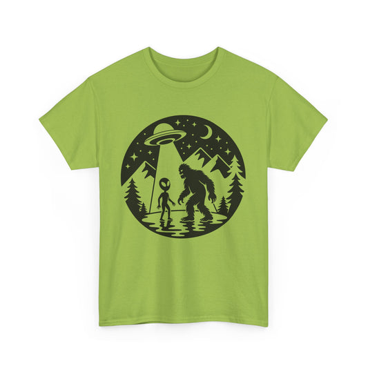 UFO & Bigfoot Adventure Tee - Unisex Cotton Shirt for Campers, Gift for UFO & Cryptid Lovers, Outdoorsy Apparel, Fun Alien Graphic T-Shirt