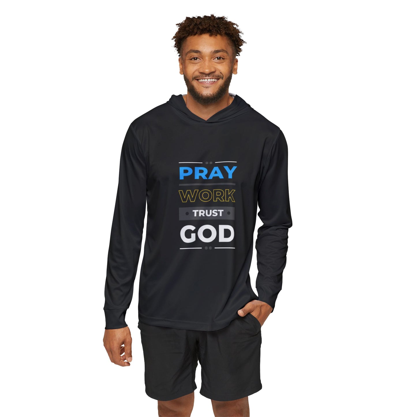 Sports Warmup Hoodie with Pray Work Trust God Design