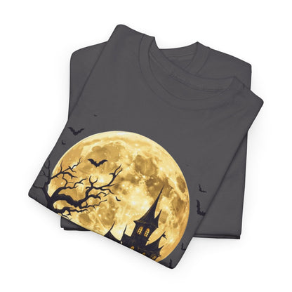 Spooky Moon House Halloween Tee, Unisex Heavy Cotton T-Shirt, Perfect for Halloween Parties, Autumn Celebrations, Unique Graphic Design, Casual Wear
