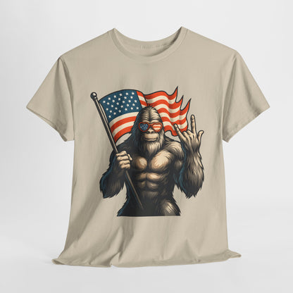 Bigfoot America Unisex Heavy Cotton Tee, Funny Graphic Tee, Sasquatch Apparel, 4th of July Shirt, Outdoor Adventure T-Shirt