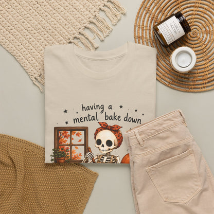 Halloween Skeleton Baking T-Shirt — "having a mental bake down" Cozy Pumpkin Cookie Tee