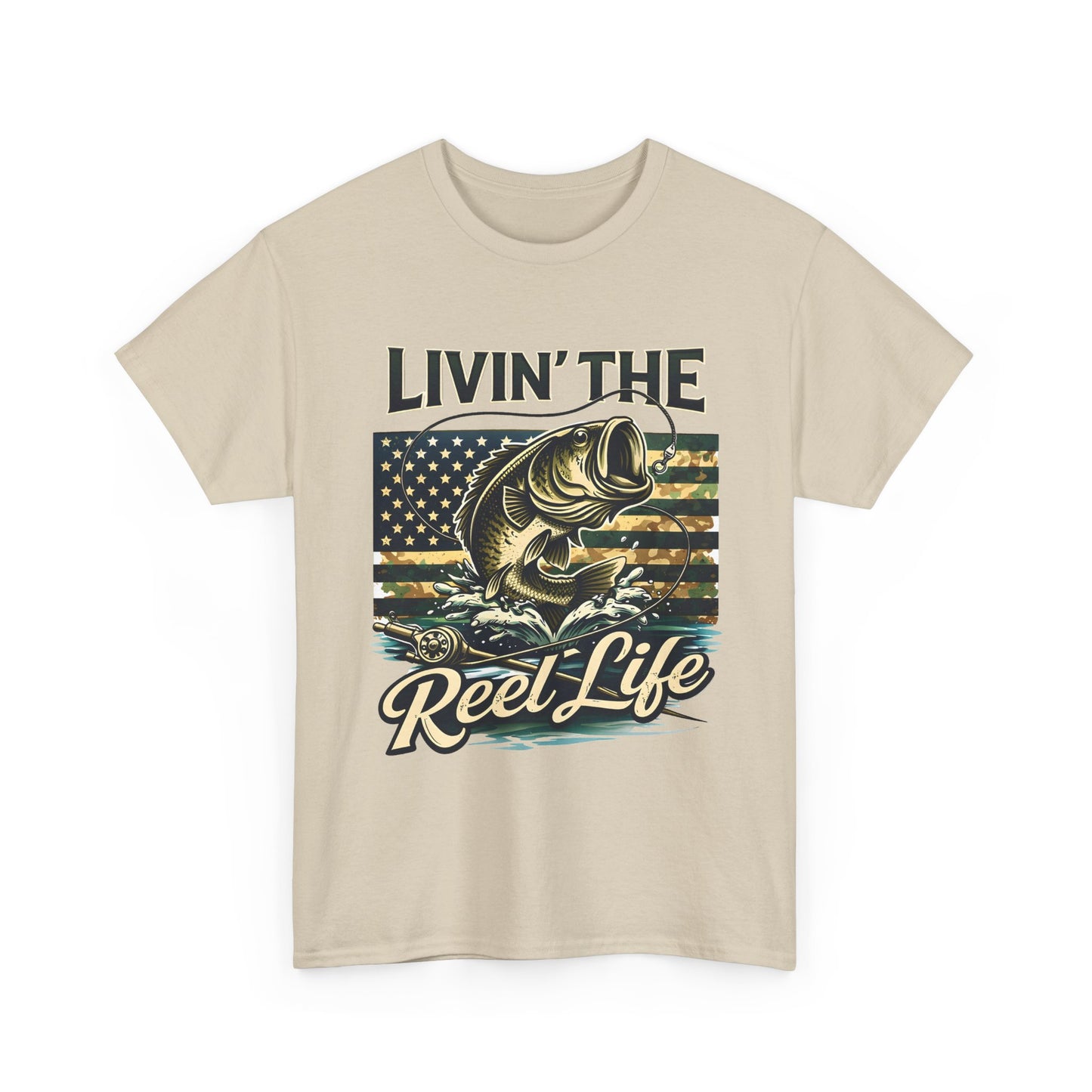 Livin' The Reel Life Fishing T-Shirt – Bass & American Flag Graphic