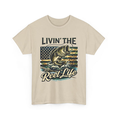 Livin' The Reel Life Fishing T-Shirt – Bass & American Flag Graphic