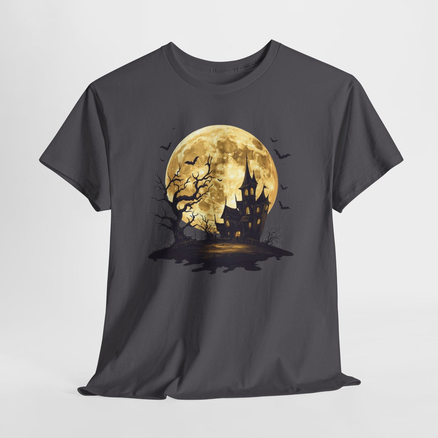 Spooky Moon House Halloween Tee, Unisex Heavy Cotton T-Shirt, Perfect for Halloween Parties, Autumn Celebrations, Unique Graphic Design, Casual Wear